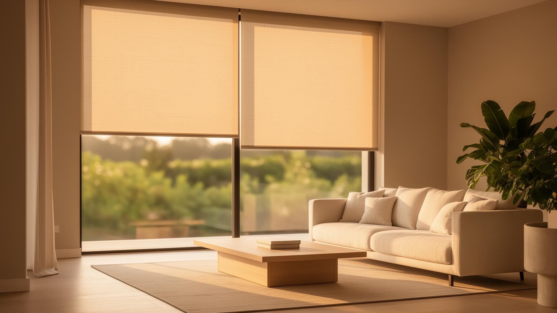 Sala de estar elegante com persiana rolô tela solar